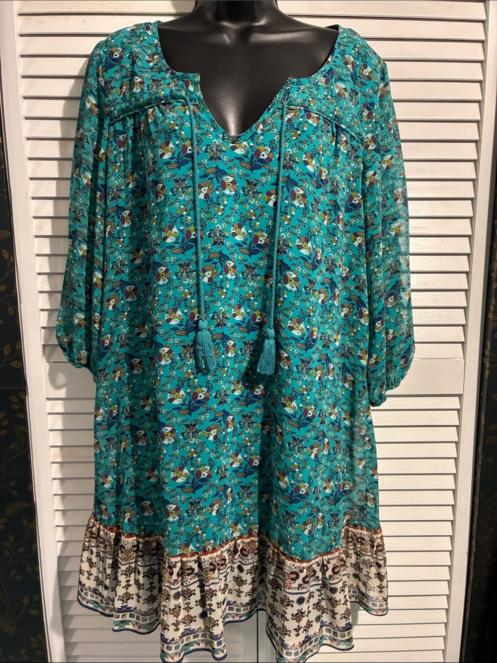 As U Wish Teal Floral 3/4 Sleeve Tassel Tunic Dress with Ivory Border